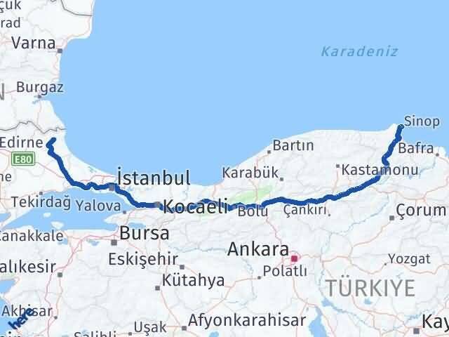 Sinop Demirköy Kırklareli Arası Kaç Km - Yol Haritası