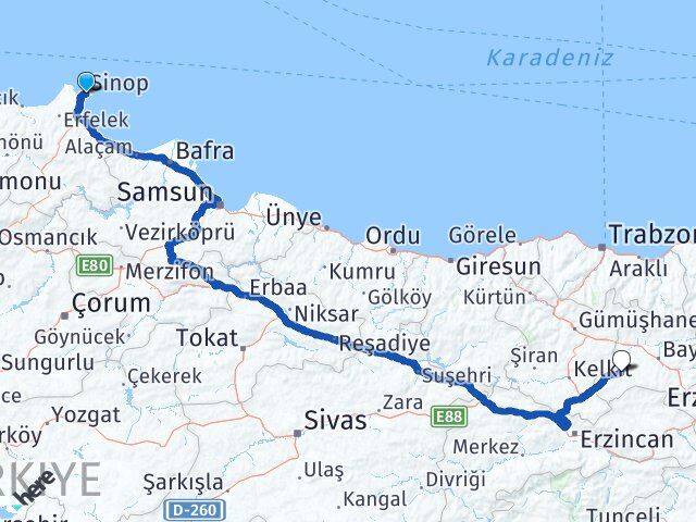 Sinop Demirözü Bayburt Arası Kaç Km - Yol Haritası