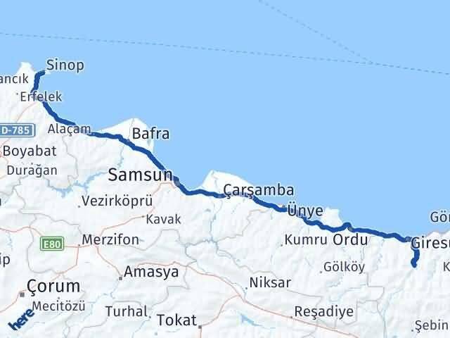 Sinop Dereli Giresun Arası Kaç Km - Yol Haritası