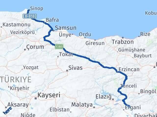 Sinop Dicle Diyarbakır Arası Kaç Km - Yol Haritası
