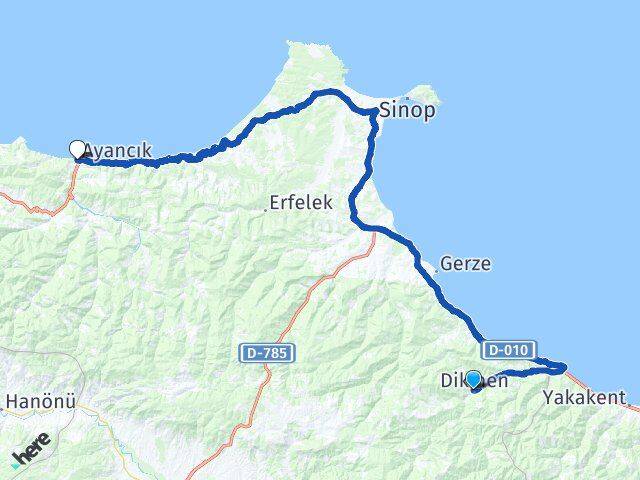 Sinop Dikmen Ayancık Arası Kaç Km - Yol Haritası
