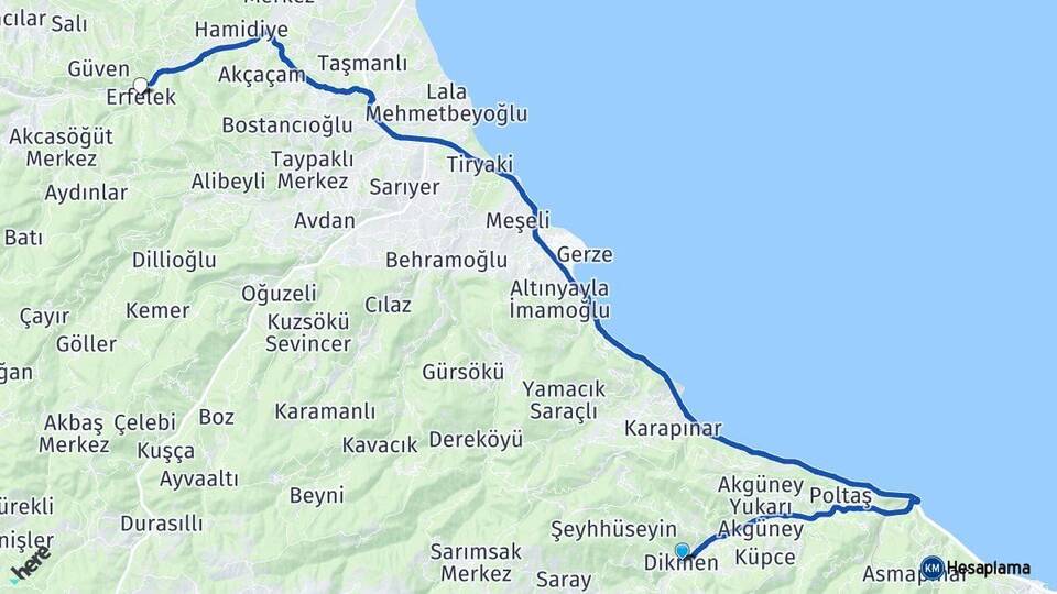 Sinop Dikmen Erfelek Arası Kaç Km - Yol Haritası