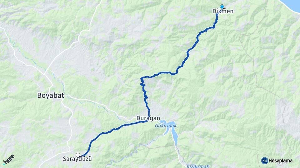 Sinop Dikmen Saraydüzü Arası Kaç Km - Yol Haritası