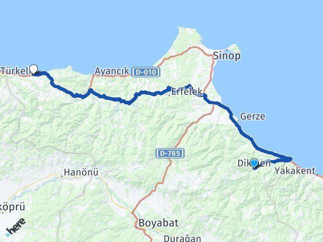 Sinop Dikmen Türkeli Arası Kaç Km - Yol Haritası