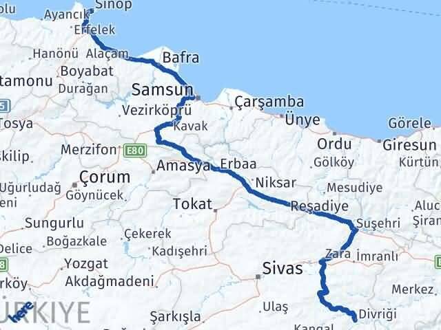 Sinop Divriği Sivas Arası Kaç Km - Yol Haritası