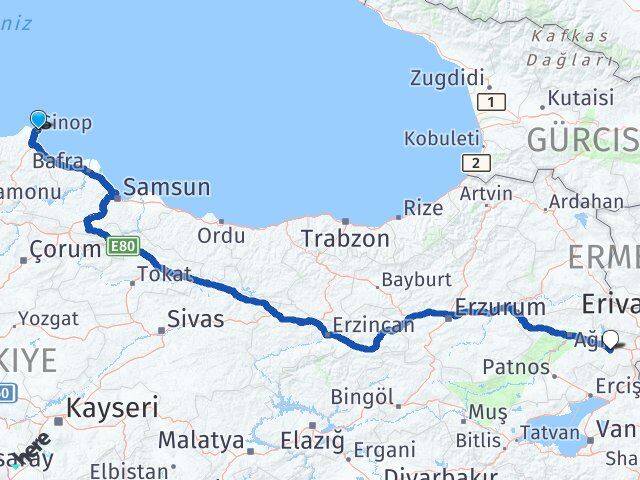 Sinop Diyadin Ağrı Arası Kaç Km - Yol Haritası