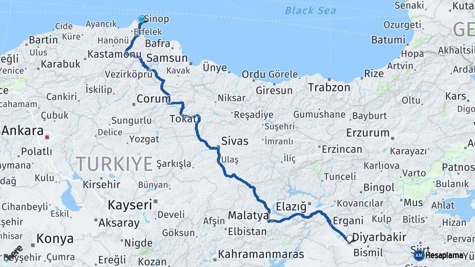 Sinop Diyarbakır Arası Kaç Km - Yol Haritası