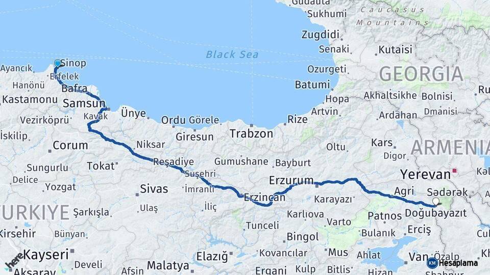 Sinop Doğubayazıt Ağrı Arası Kaç Km - Yol Haritası