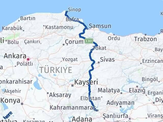Sinop Dulkadiroğlu Kahramanmaraş Arası Kaç Km - Yol Haritası