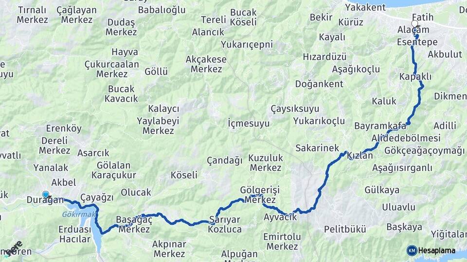 Sinop Durağan Alaçam Samsun Arası Kaç Km - Yol Haritası