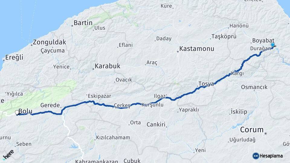 Sinop Durağan Bolu Arası Kaç Km - Yol Haritası