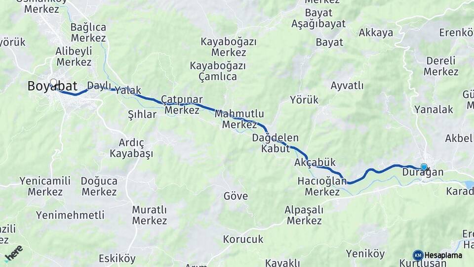 Sinop Durağan Boyabat Arası Kaç Km - Yol Haritası