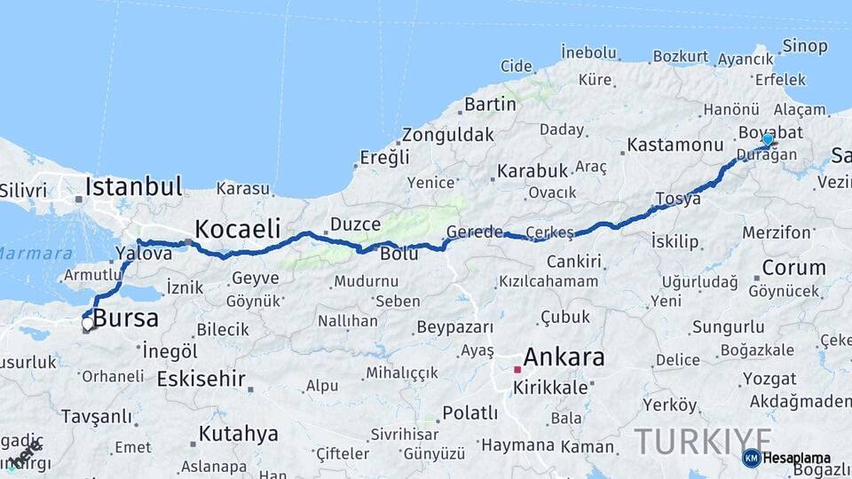 Sinop Durağan Bursa Arası Kaç Km - Yol Haritası