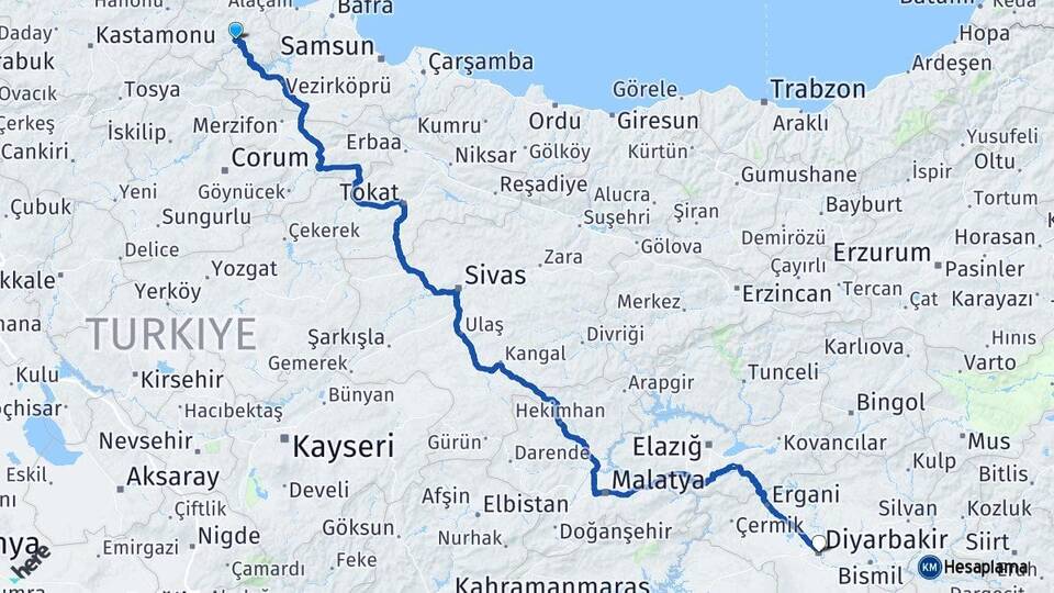 Sinop Durağan Diyarbakır Arası Kaç Km - Yol Haritası