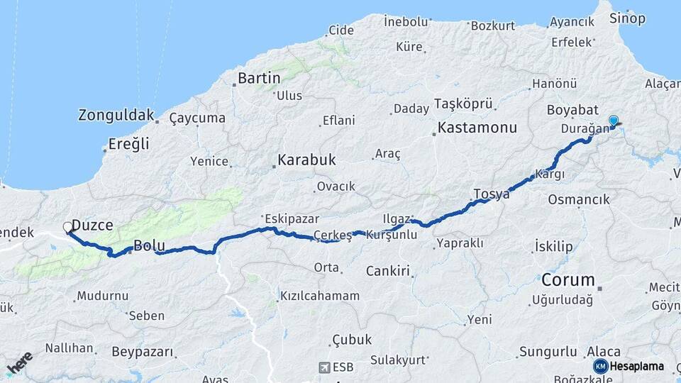 Sinop Durağan Düzce Arası Kaç Km - Yol Haritası