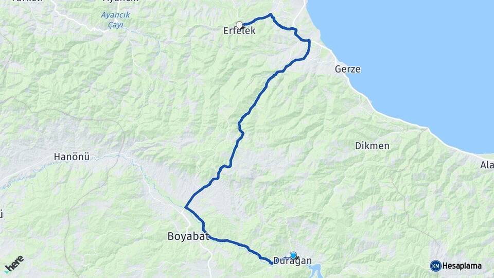 Sinop Durağan Erfelek Arası Kaç Km - Yol Haritası