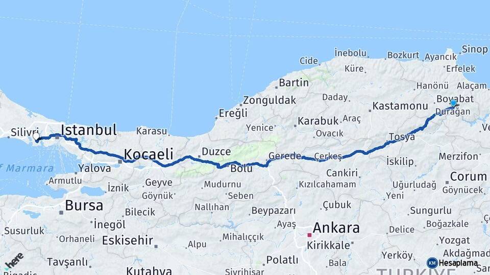 Sinop Durağan Esenyurt İstanbul Arası Kaç Km - Yol Haritası