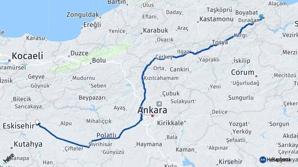 Sinop Durağan Eskişehir Arası Kaç Km - Yol Haritası