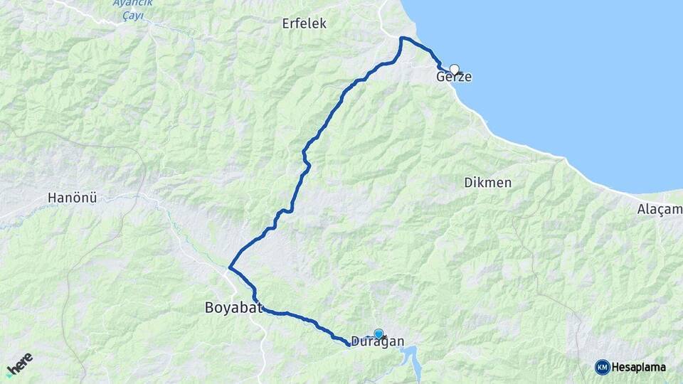 Sinop Durağan Gerze Arası Kaç Km - Yol Haritası