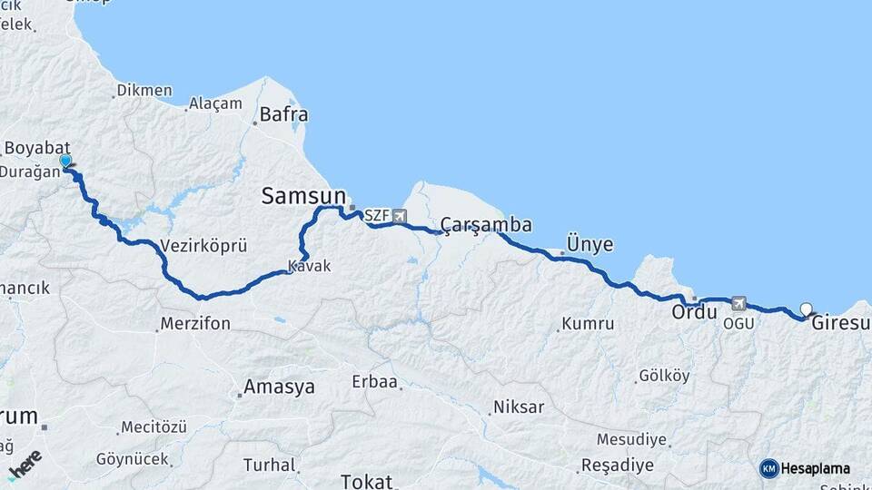 Sinop Durağan Giresun Arası Kaç Km - Yol Haritası