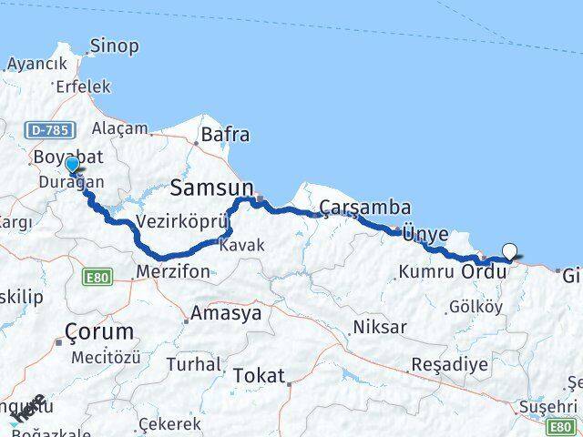 Sinop Durağan Gülyalı Ordu Arası Kaç Km - Yol Haritası