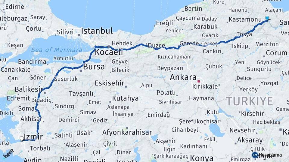 Sinop Durağan İzmir Arası Kaç Km - Yol Haritası