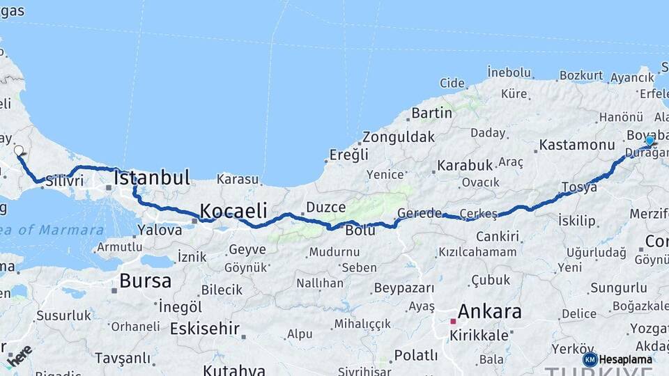 Sinop Durağan Kapaklı Tekirdağ Arası Kaç Km - Yol Haritası