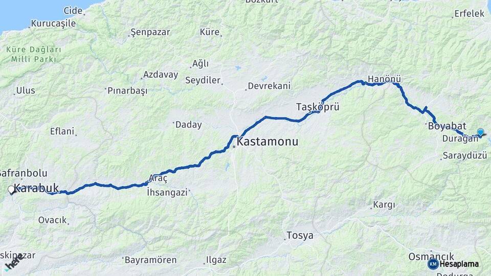 Sinop Durağan Karabük Arası Kaç Km - Yol Haritası