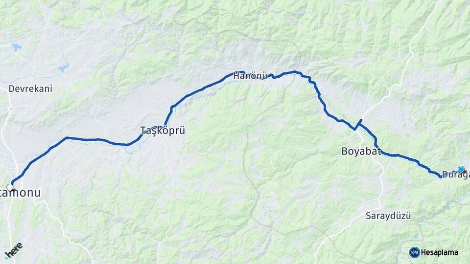 Sinop Durağan Kastamonu Arası Kaç Km - Yol Haritası