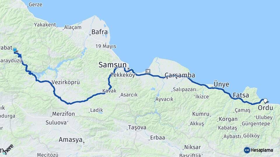 Sinop Durağan Ordu Arası Kaç Km - Yol Haritası
