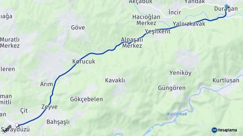 Sinop Durağan Saraydüzü Arası Kaç Km - Yol Haritası