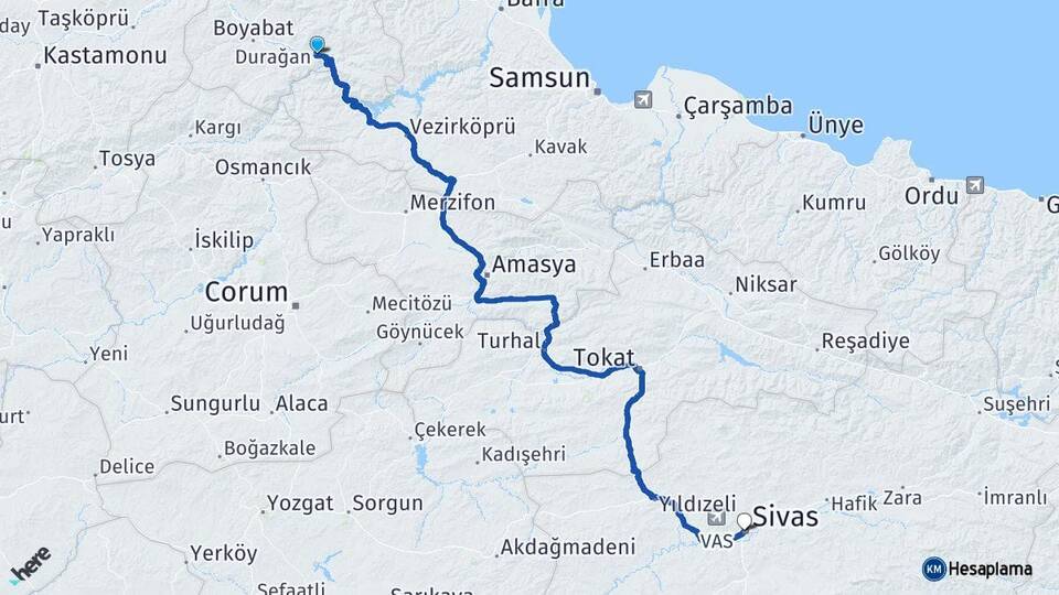 Sinop Durağan Sivas Arası Kaç Km - Yol Haritası