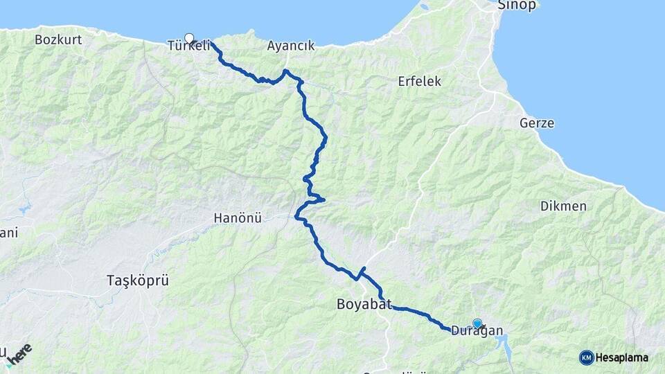 Sinop Durağan Türkeli Arası Kaç Km - Yol Haritası