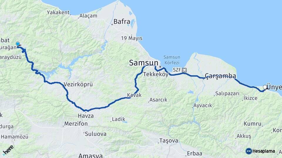 Sinop Durağan Ünye Ordu Arası Kaç Km - Yol Haritası