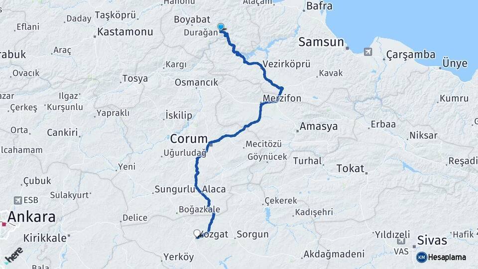 Sinop Durağan Yozgat Arası Kaç Km - Yol Haritası