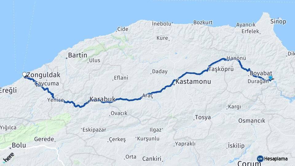 Sinop Durağan Zonguldak Arası Kaç Km - Yol Haritası