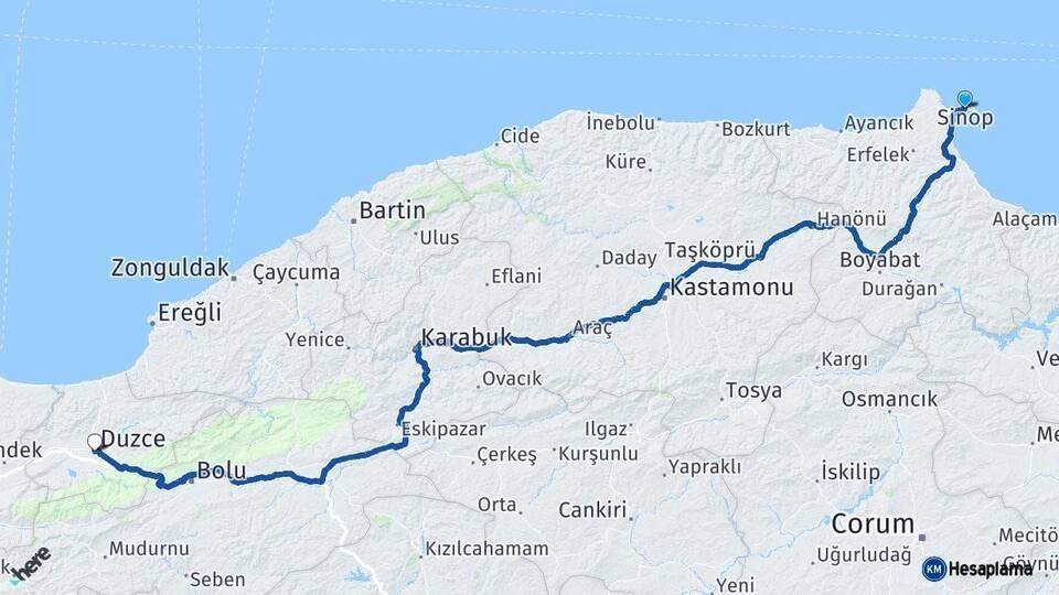 Sinop Düzce Arası Kaç Km - Yol Haritası