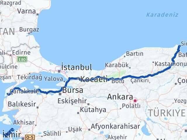Sinop Eceabat Çanakkale Arası Kaç Km - Yol Haritası