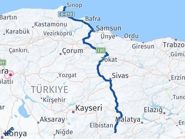 Sinop Ekinözü Kahramanmaraş Arası Kaç Km - Yol Haritası