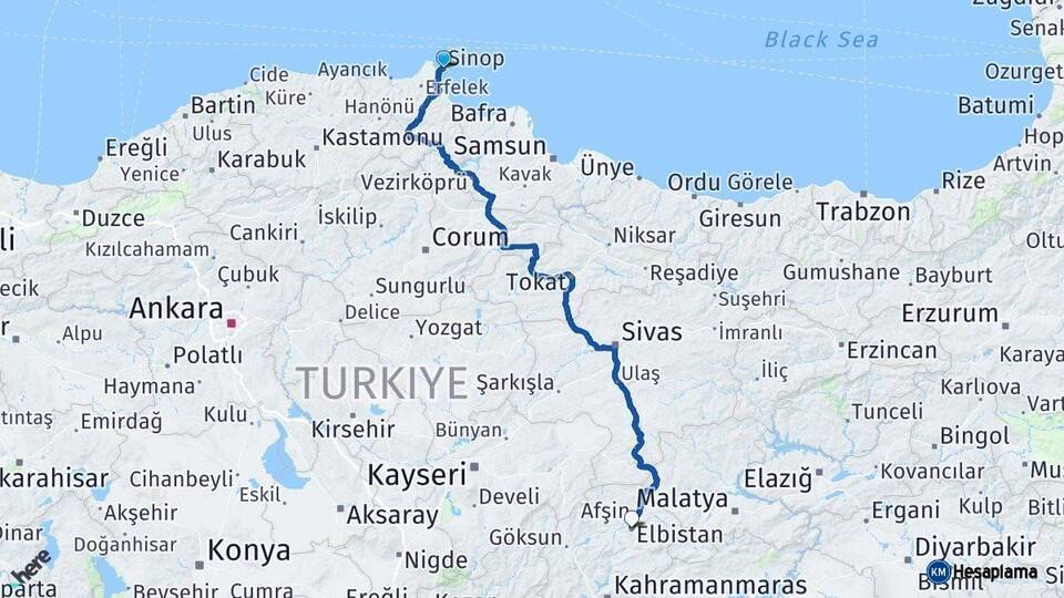 Sinop Elbistan Kahramanmaraş Arası Kaç Km - Yol Haritası