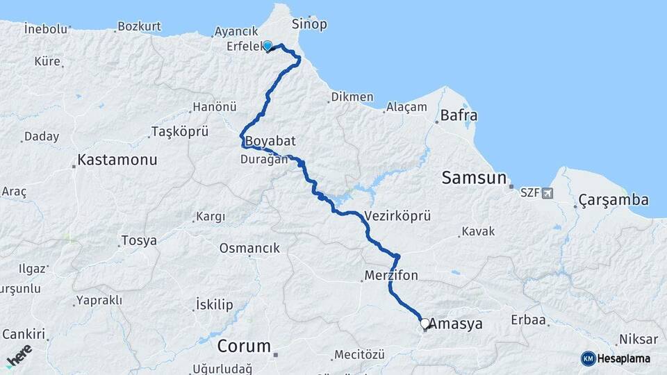 Sinop Erfelek Amasya Arası Kaç Km - Yol Haritası