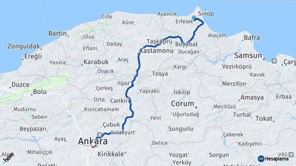 Sinop Erfelek Ankara Arası Kaç Km - Yol Haritası