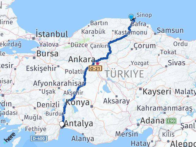 Sinop Erfelek Antalya Arası Kaç Km - Yol Haritası