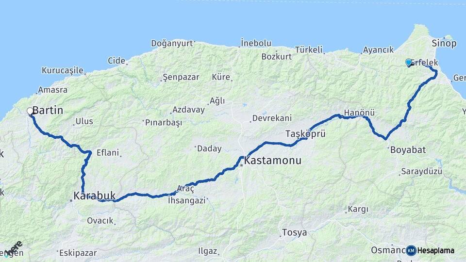 Sinop Erfelek Bartın Arası Kaç Km - Yol Haritası