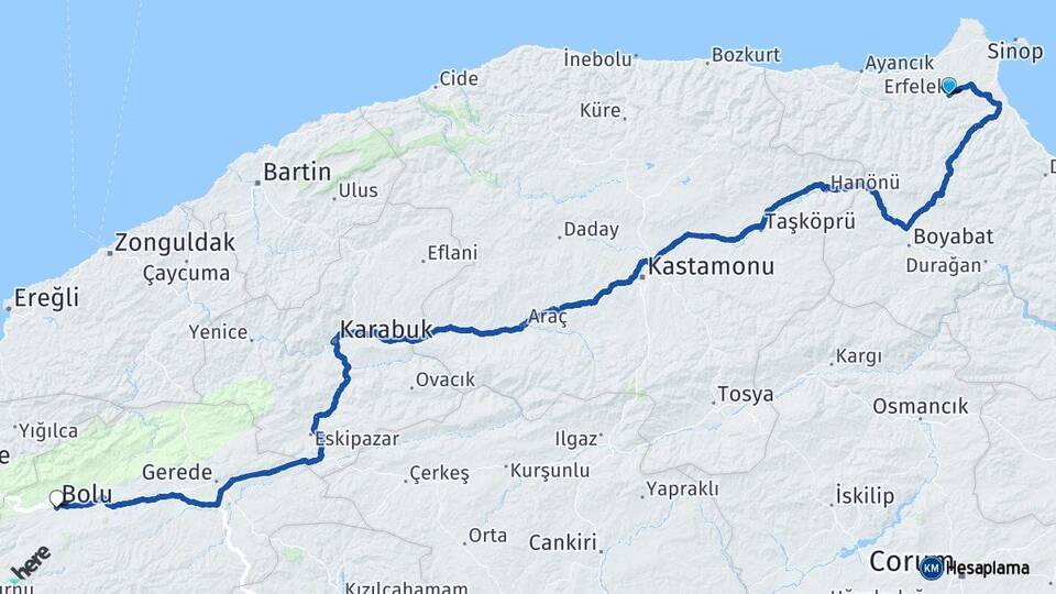 Sinop Erfelek Bolu Arası Kaç Km - Yol Haritası