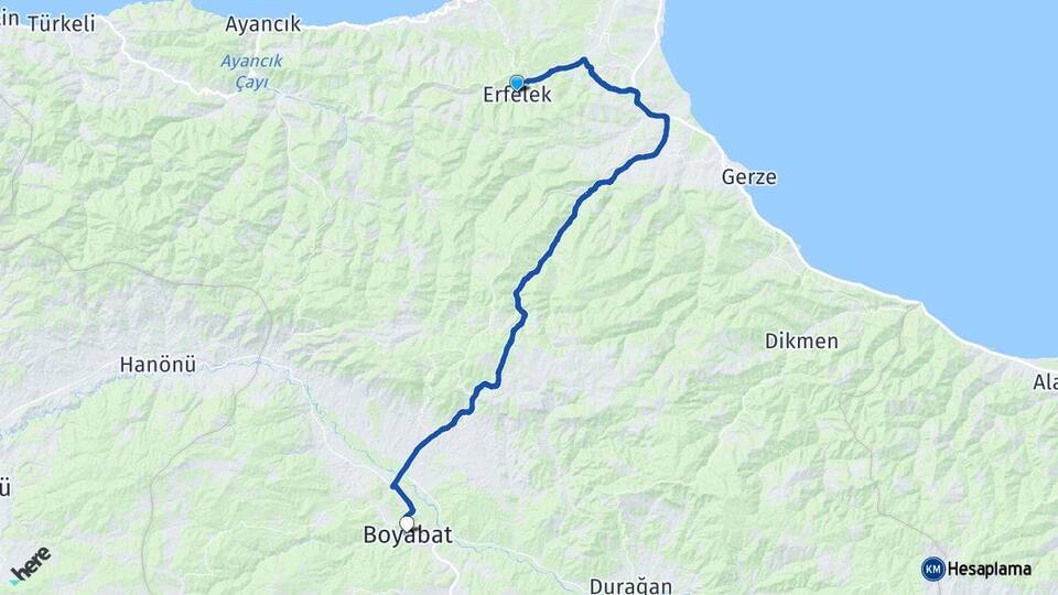 Sinop Erfelek Boyabat Arası Kaç Km - Yol Haritası