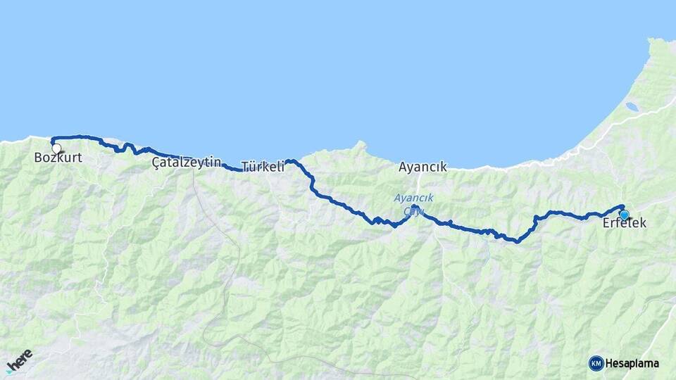 Sinop Erfelek Bozkurt Kastamonu Arası Kaç Km - Yol Haritası
