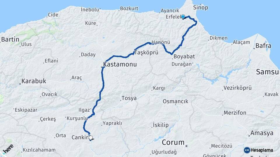 Sinop Erfelek Çankırı Arası Kaç Km - Yol Haritası