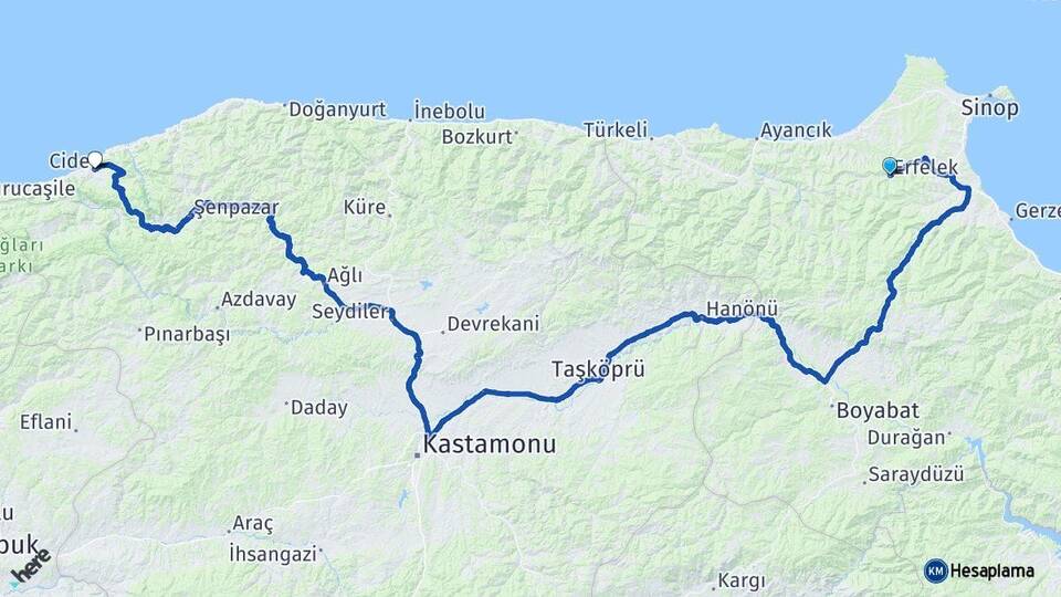 Sinop Erfelek Cide Kastamonu Arası Kaç Km - Yol Haritası