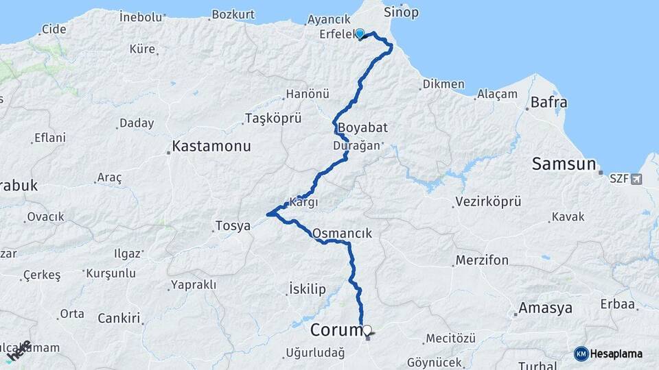 Sinop Erfelek Çorum Arası Kaç Km - Yol Haritası